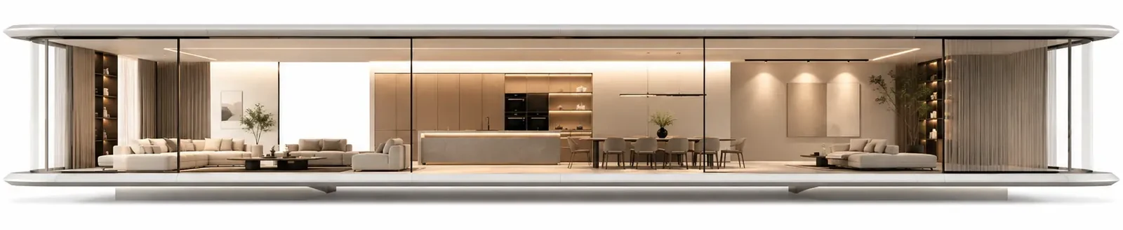 Glass pavilion residence, fully furnished interior visible through the facade