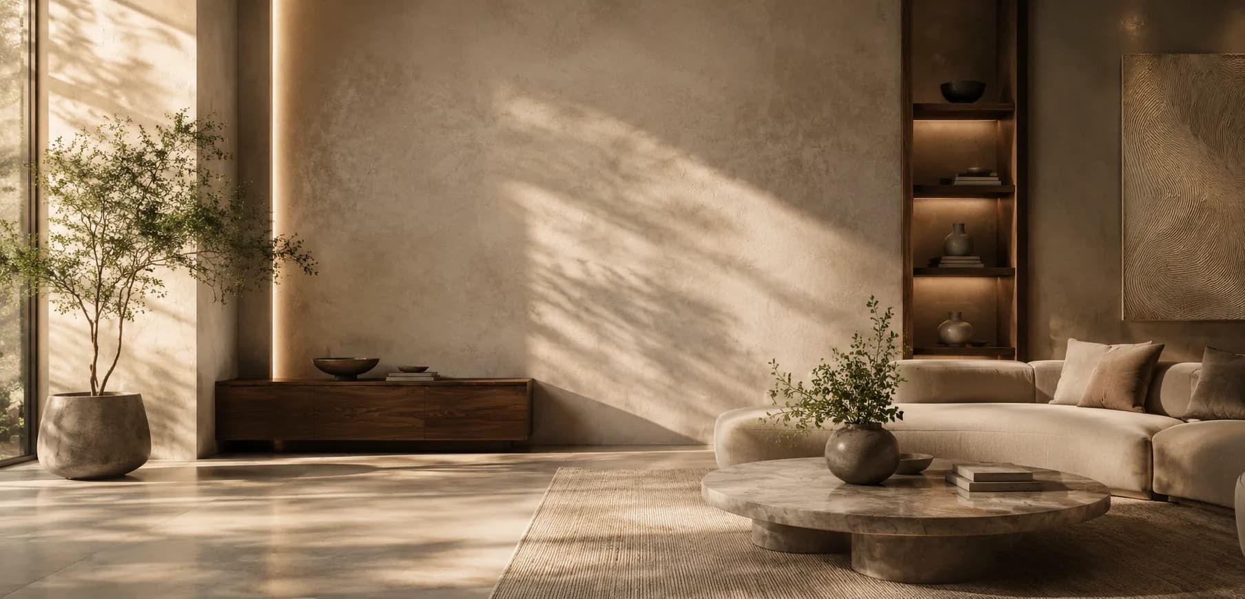 Sunlit contemporary living room with an olive tree and low walnut console