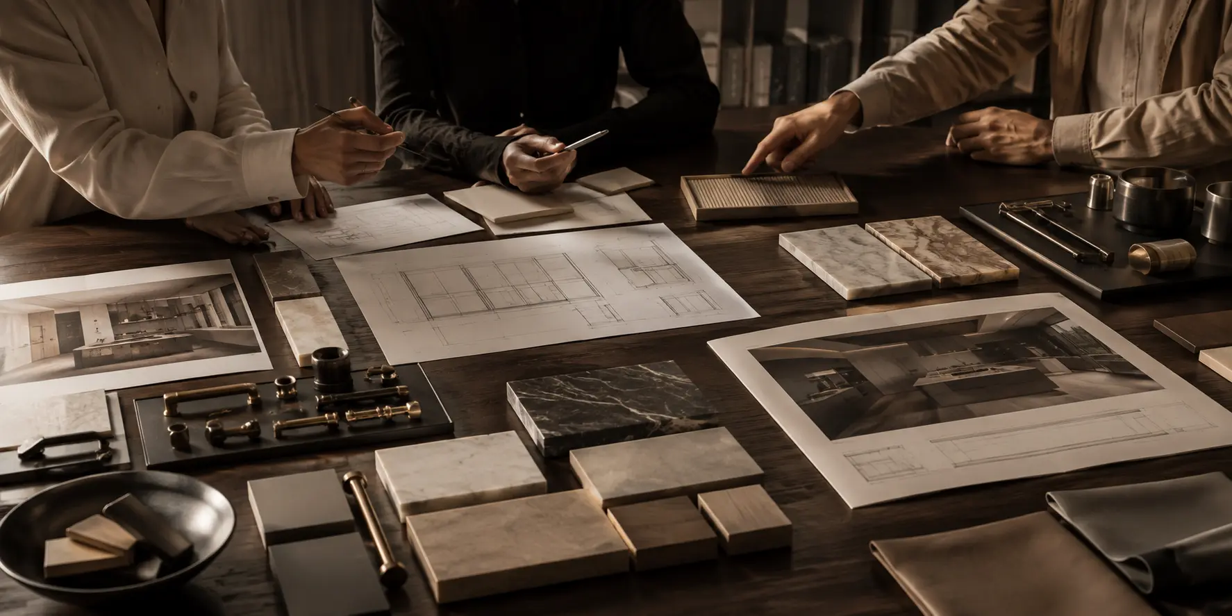 Designers reviewing technical drawings and material samples
