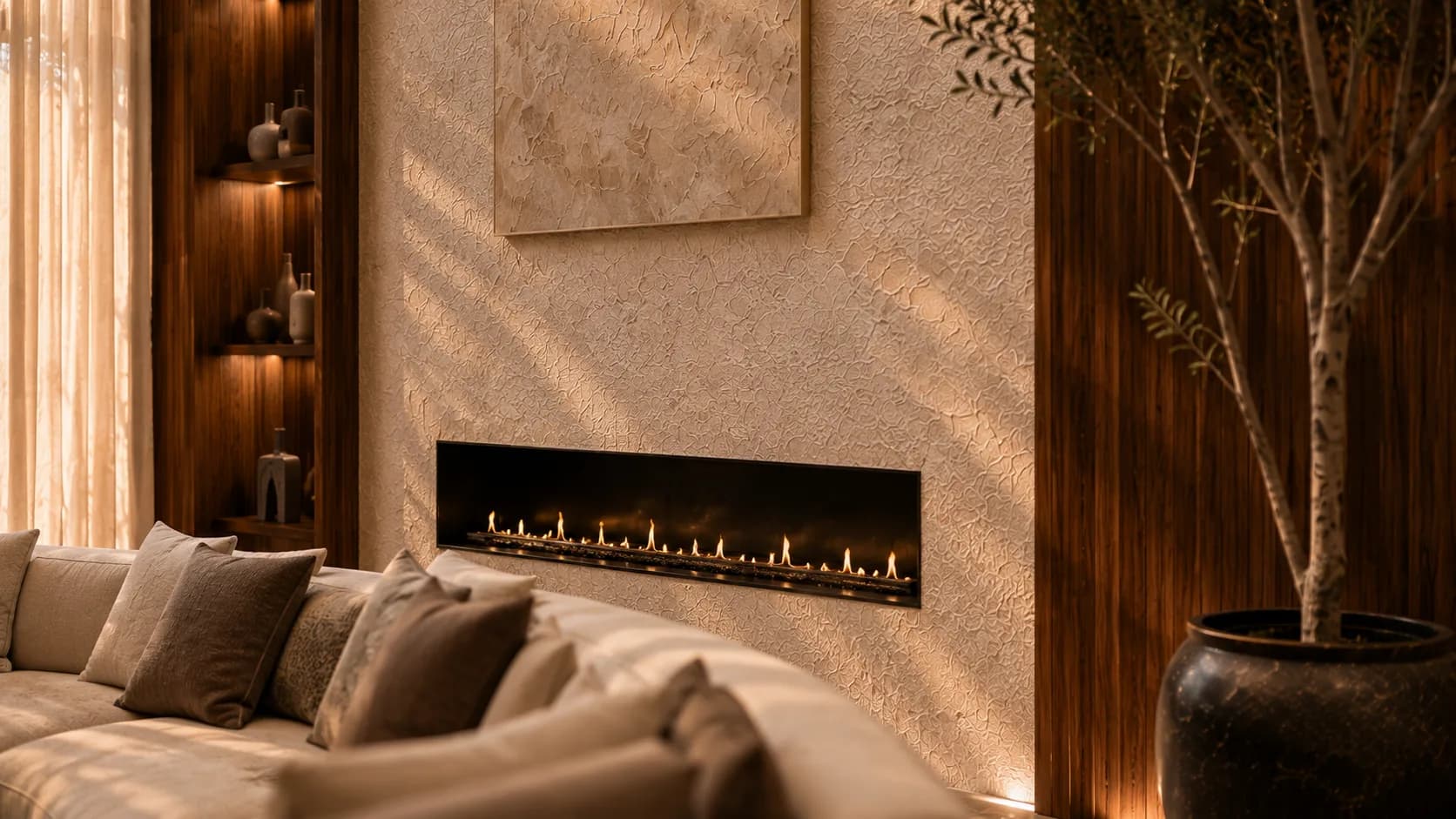 Warm, moody living room with fluted walnut walls and a long linear fireplace
