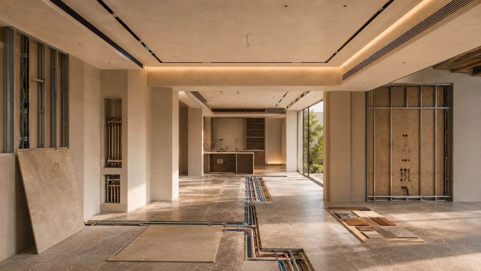 Home under construction with exposed MEP services