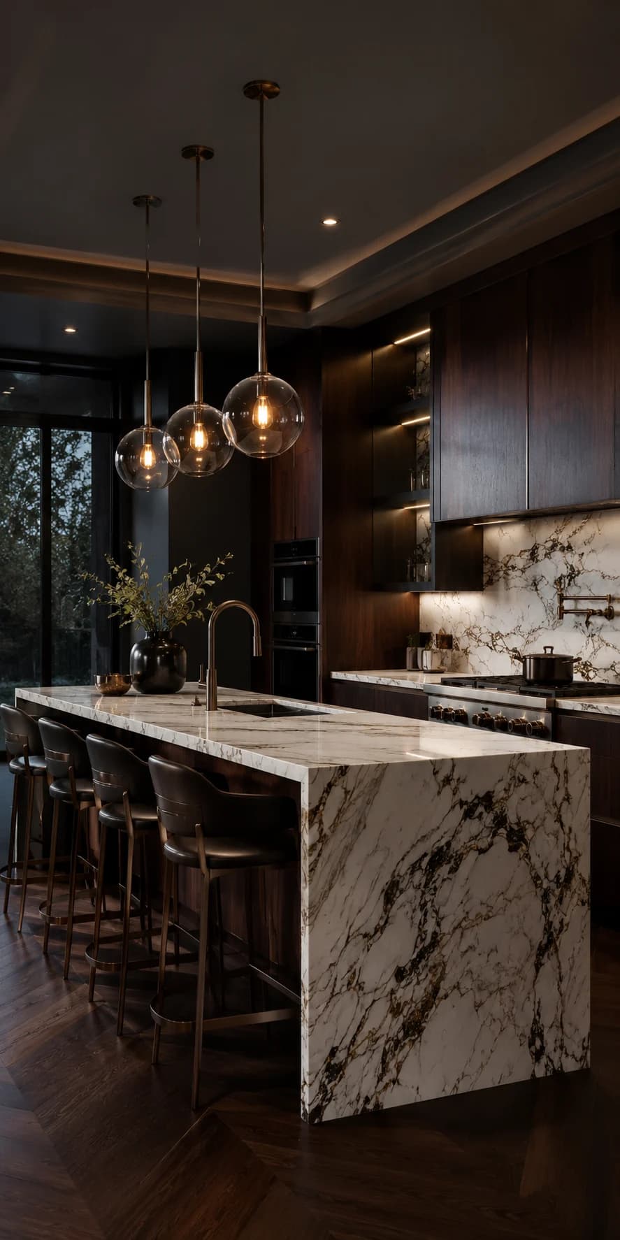 Dark kitchen with a marble island and cluster of glass pendants