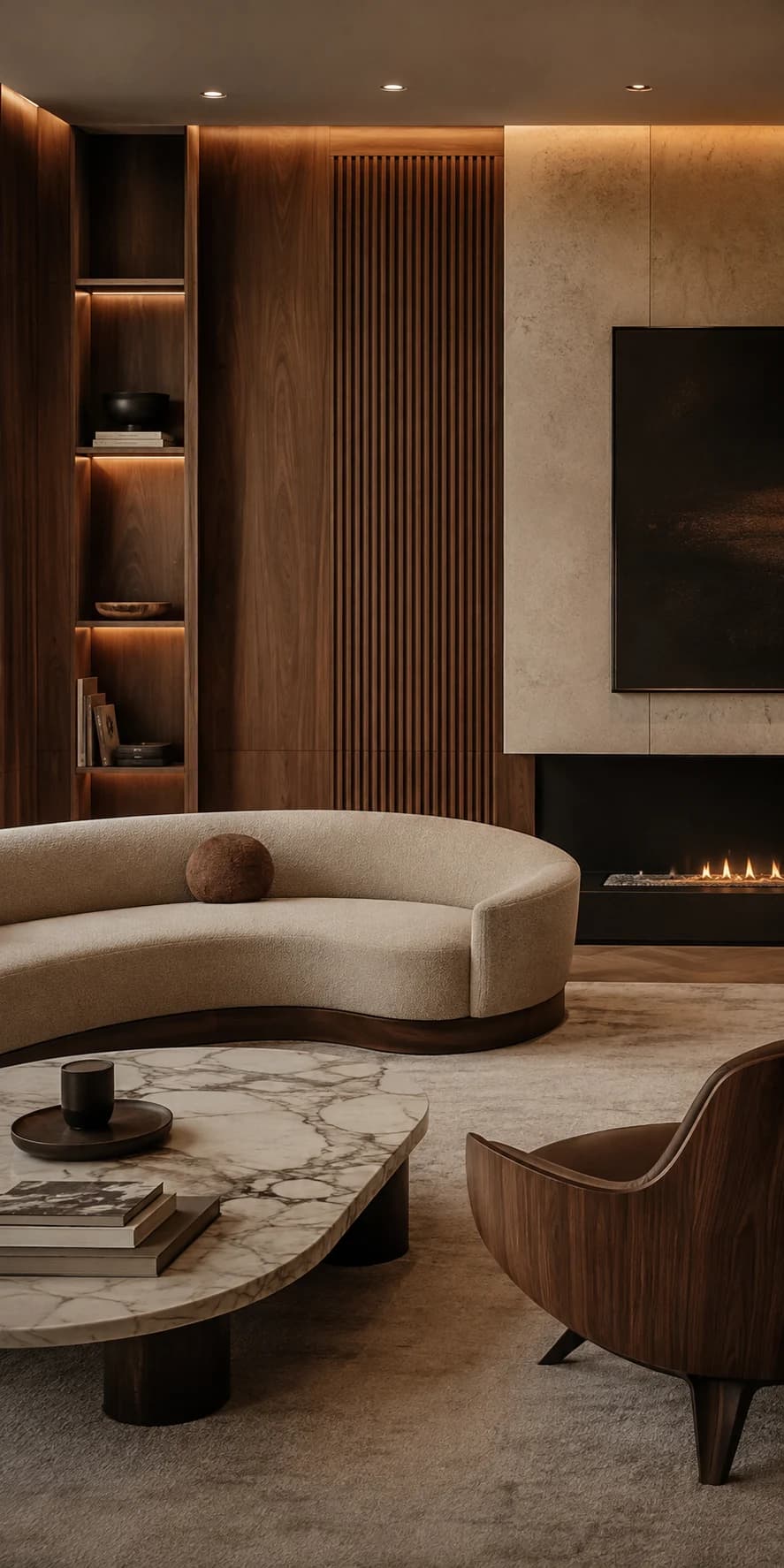 Living room with a curved bouclé sofa beside a linear fireplace