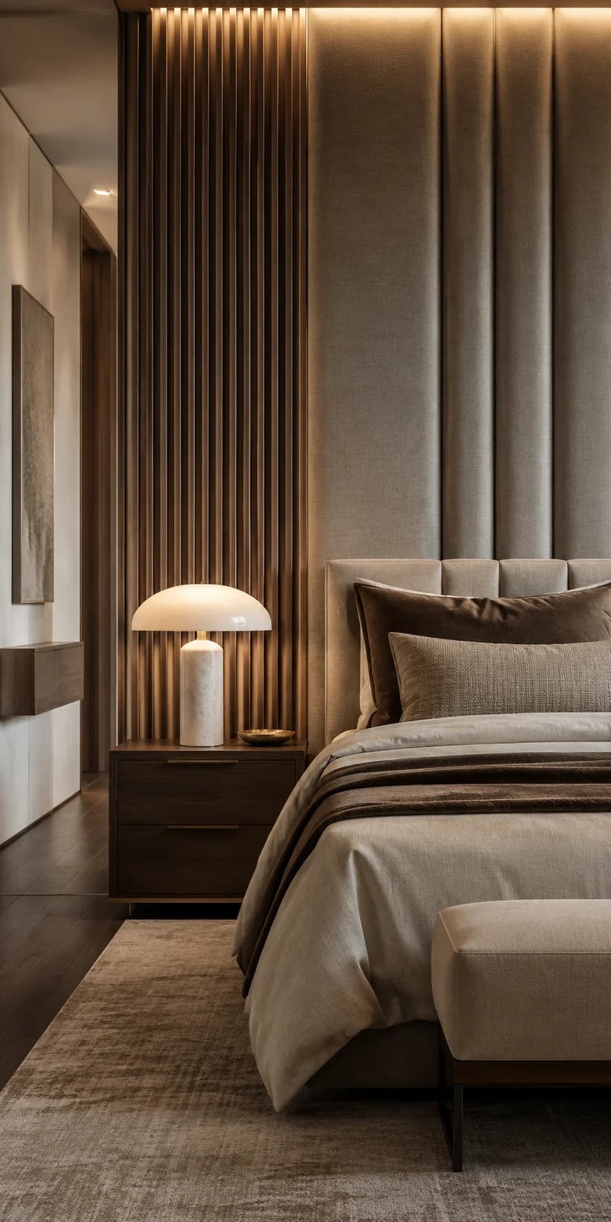 Bedroom with fluted walnut headboard wall and warm cove lighting
