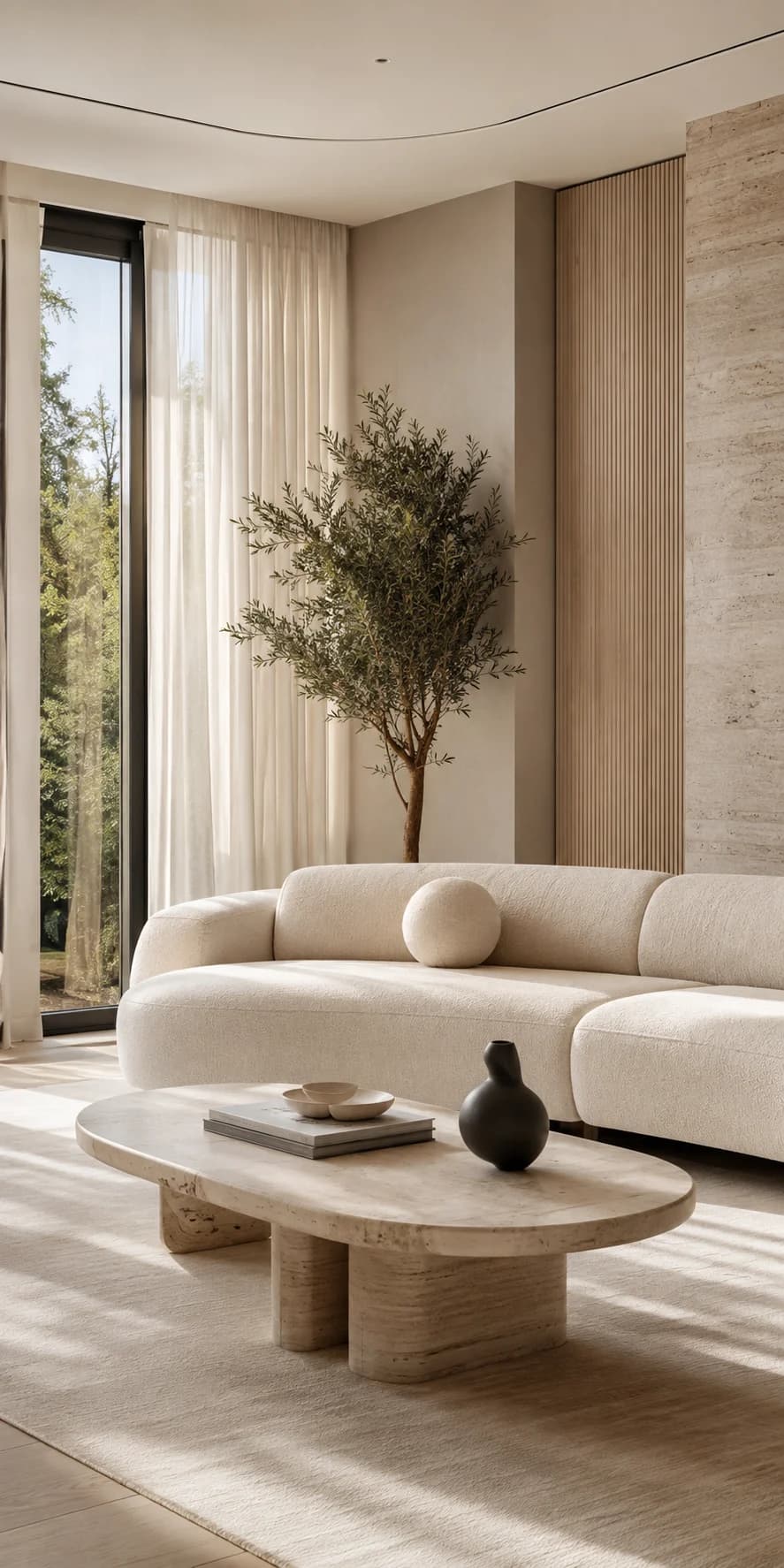 Bright minimal living room with an olive tree and travertine table