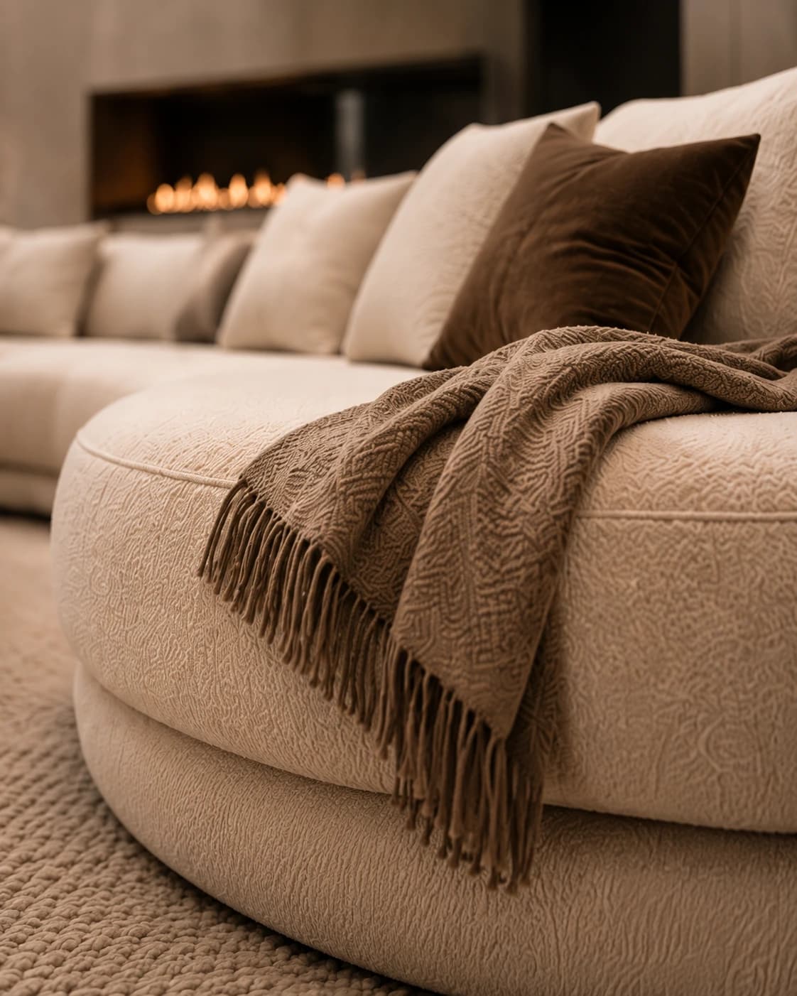 Curved bouclé sofa with a woven throw