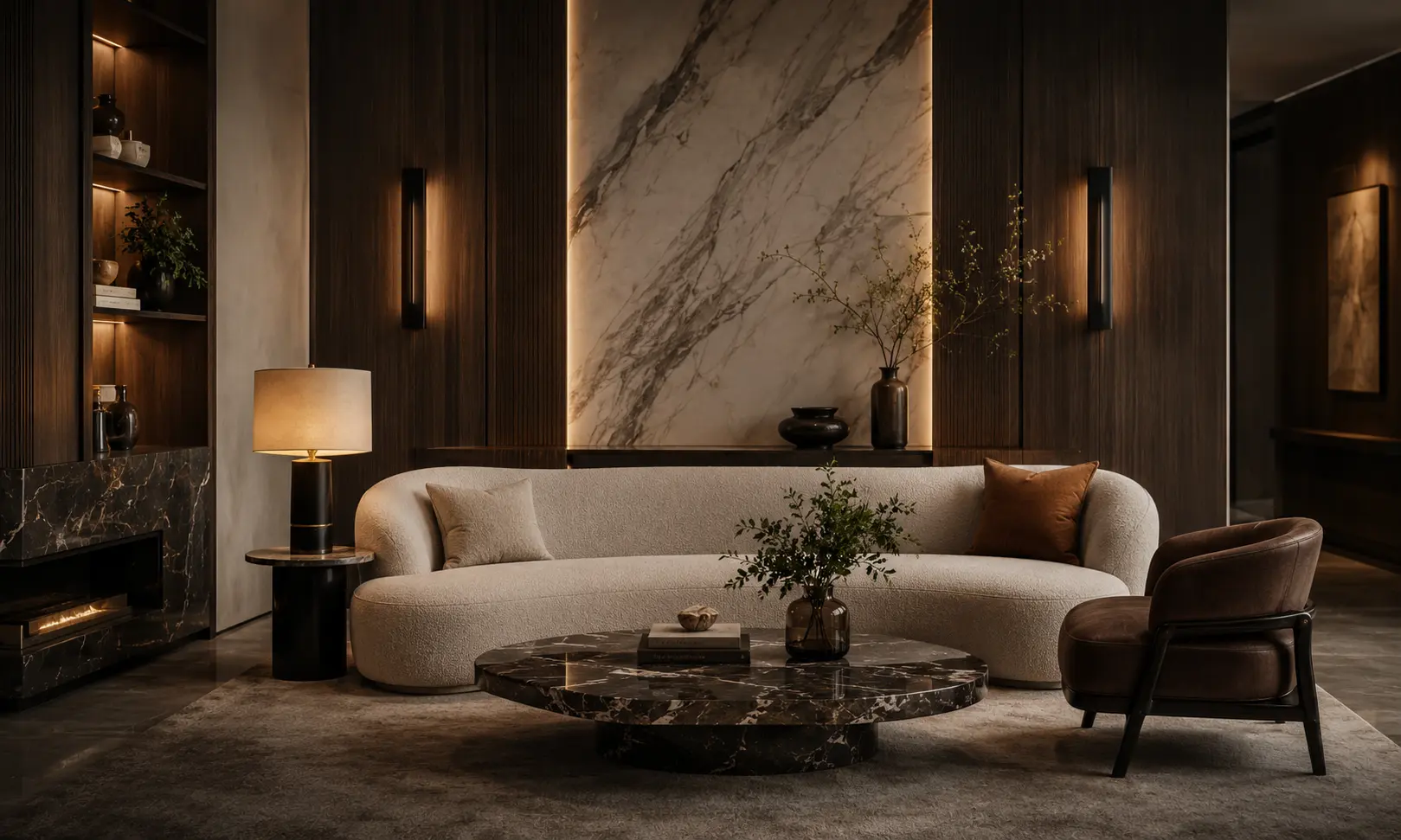 Curved bouclé sofa with a marble coffee table